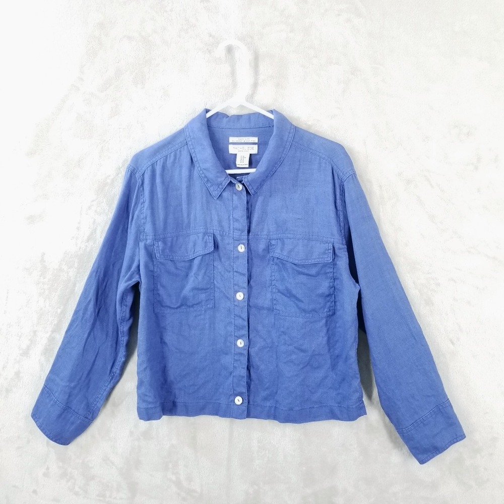 Rachel Zoe Jacket Women M Blue 100% Flax Linen Pockets‎ Button Front Casual